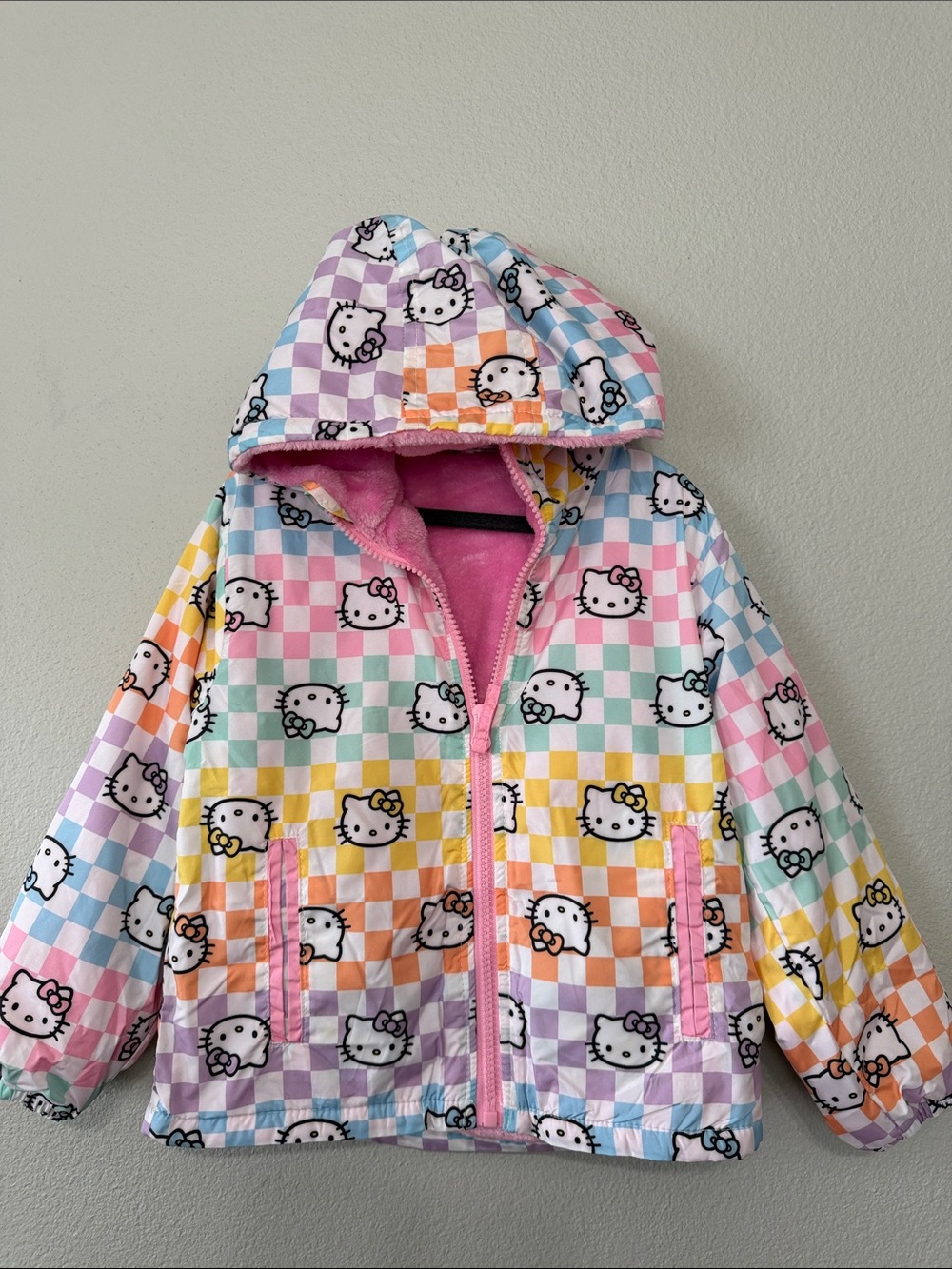 Sanrio Hello Kitty Pastel Checkerboard Hooded Coat - Pink Lined 4 T